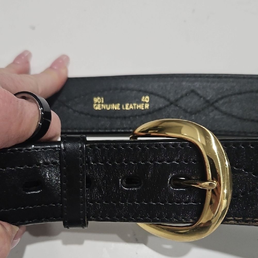 Elegant Black Leather Belt with Gold Buckle